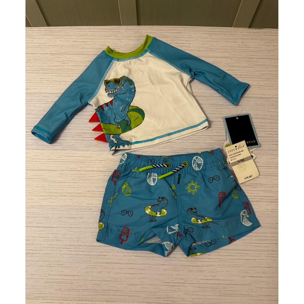 Andy & Evan Baby Boys Aqua Dino Rash Guard and Swim Trunks Set UPF 50+ 0-3M NWT
